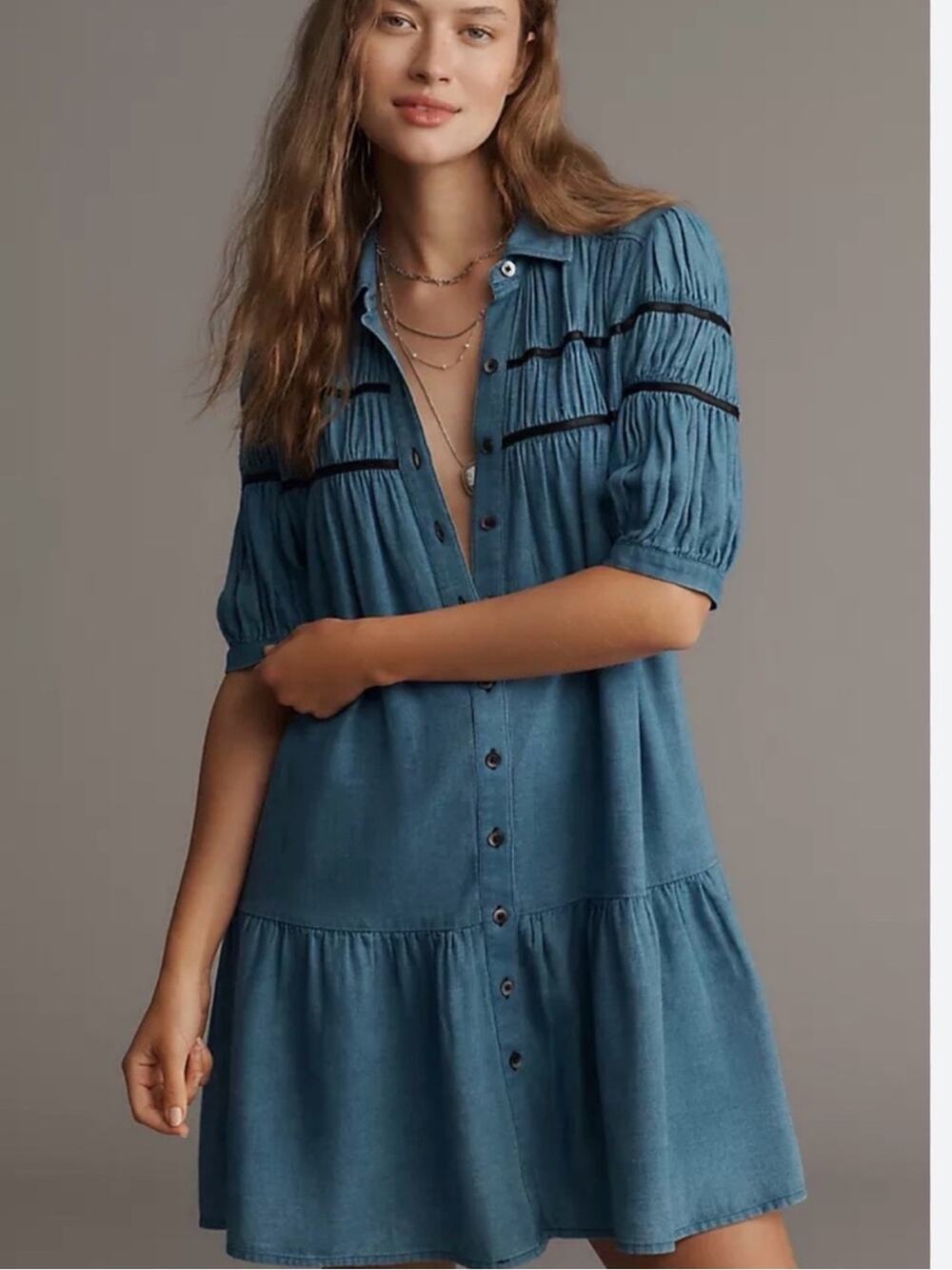Anthropologie Maeve The Leandra Shirred Yoke Mini Dress 100% Cotton Blue Size XS
